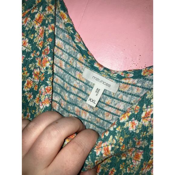 Maurices Floral Smocked Peplum Puff Sleeve Green Ditsy Blouse Size XXL - Picture 2 of 5